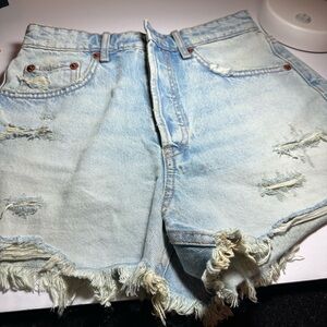 Zara Light Blue Distressed Frayed Denim high rise Shorts.